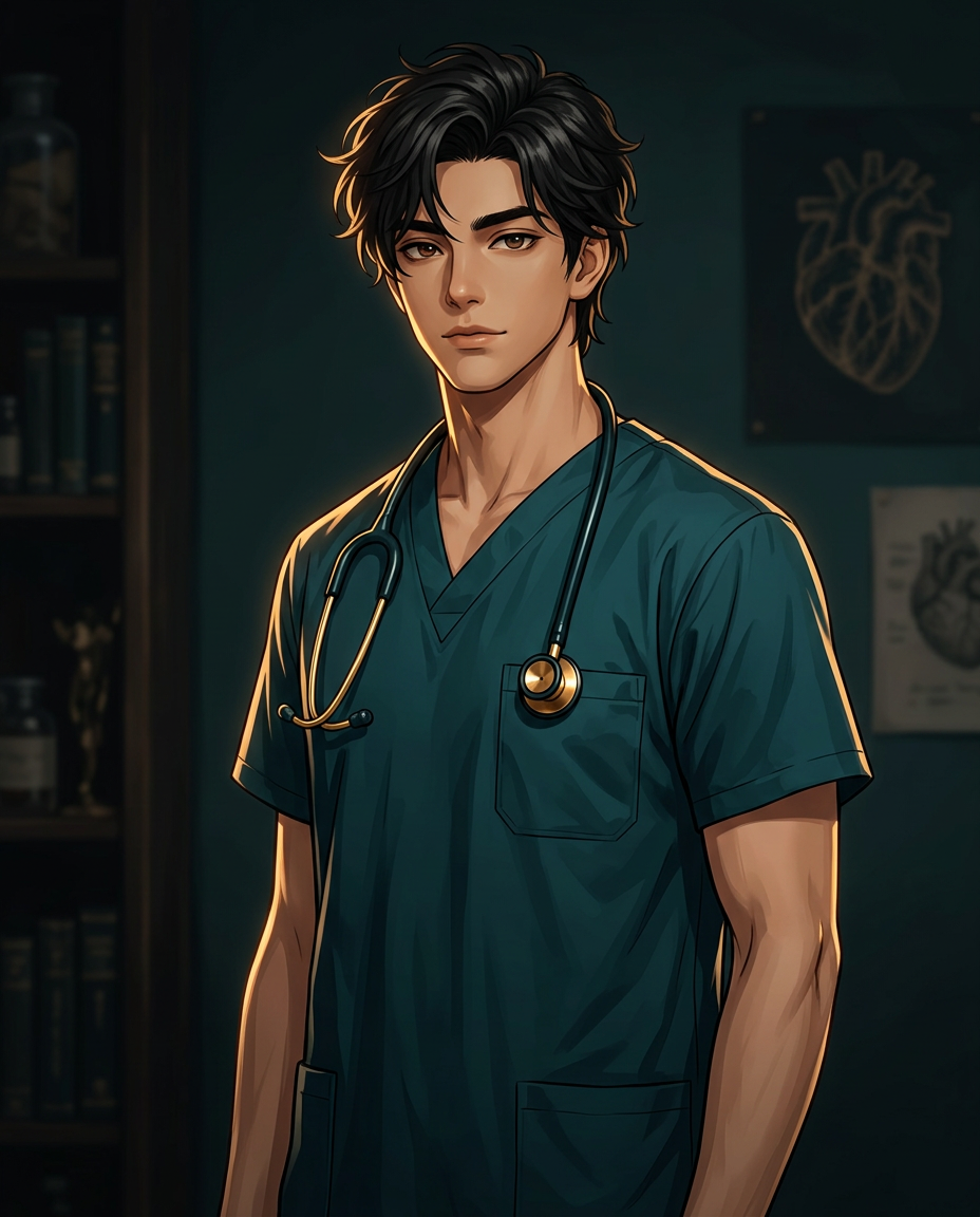 Illustration of Dorian Vale, the brand character, in teal scrubs